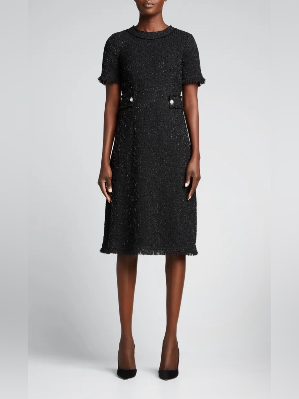 Rickie Freeman Teri Jon black tweed metallic dress w pearl accent buttons sz 12